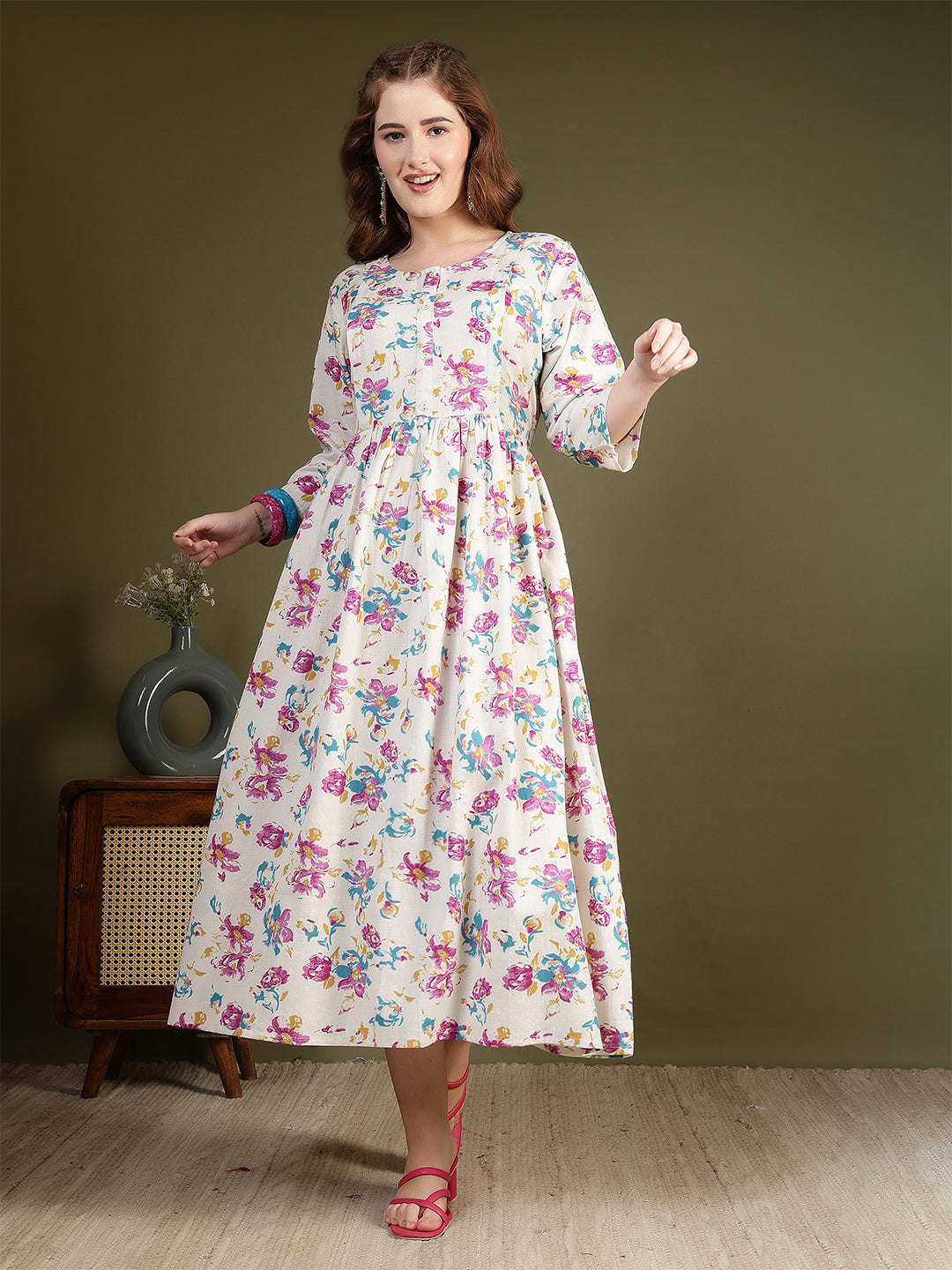 Off white Printed Flared Dress for Women