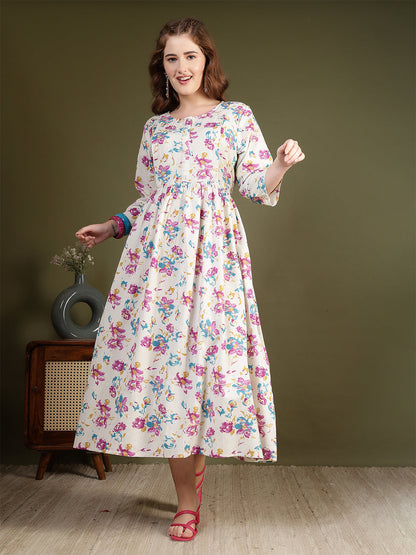 Off white Printed Flared Dress for Women