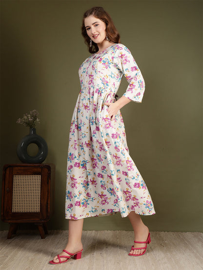 Off white Printed Flared Dress for Women