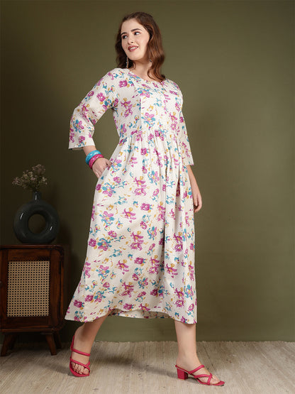 Off white Printed Flared Dress for Women