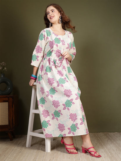 Off white Printed Flared Dress for Women