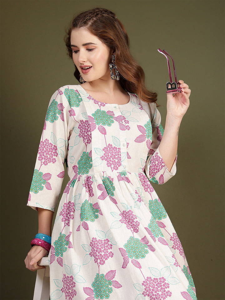 Off white Printed Flared Dress for Women