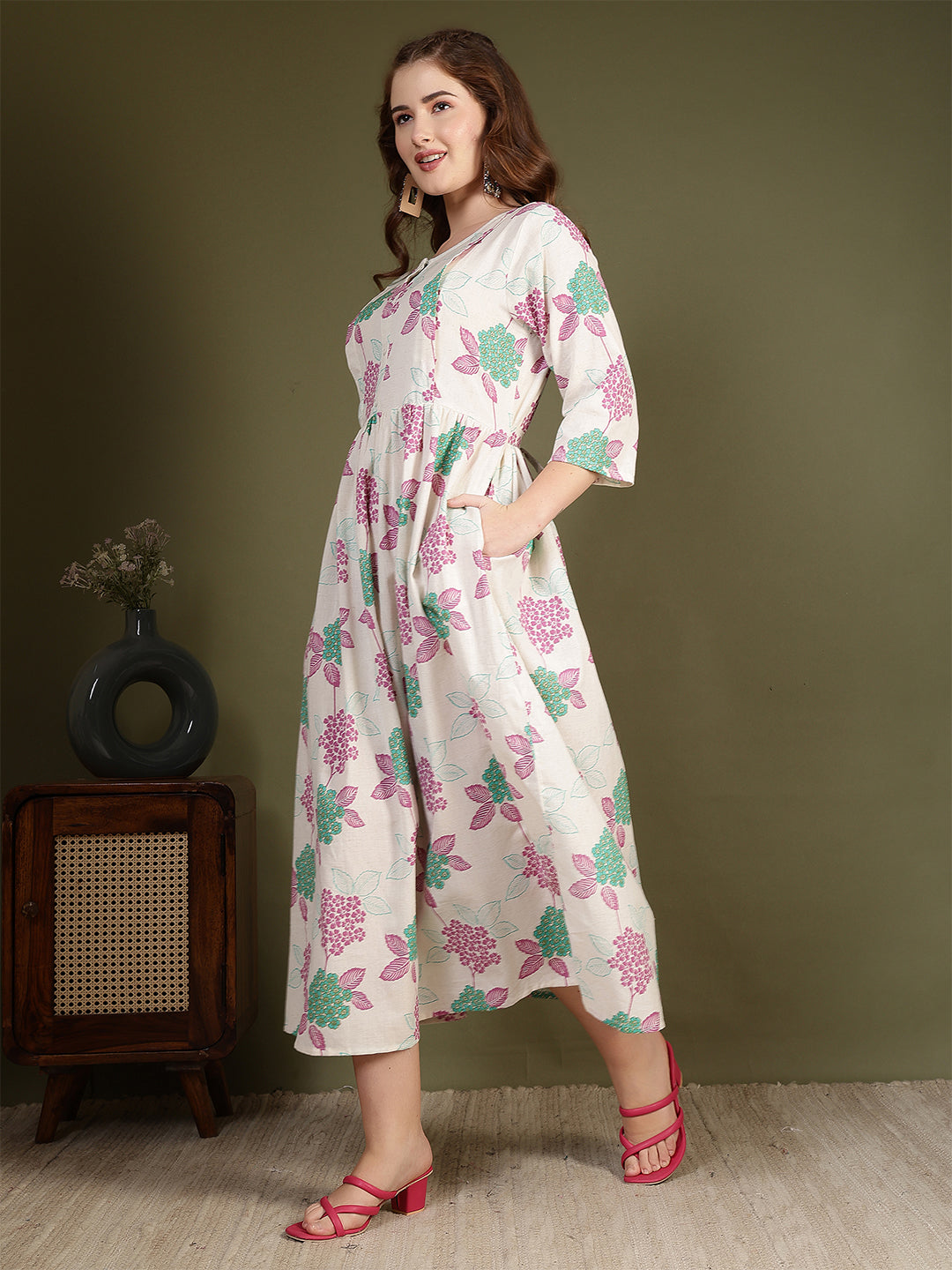 Off white Printed Flared Dress for Women