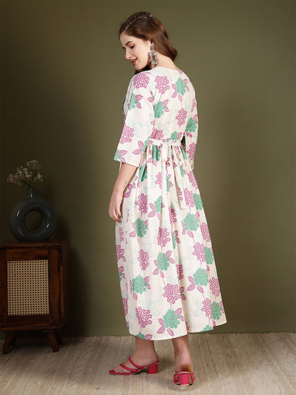 Off white Printed Flared Dress for Women