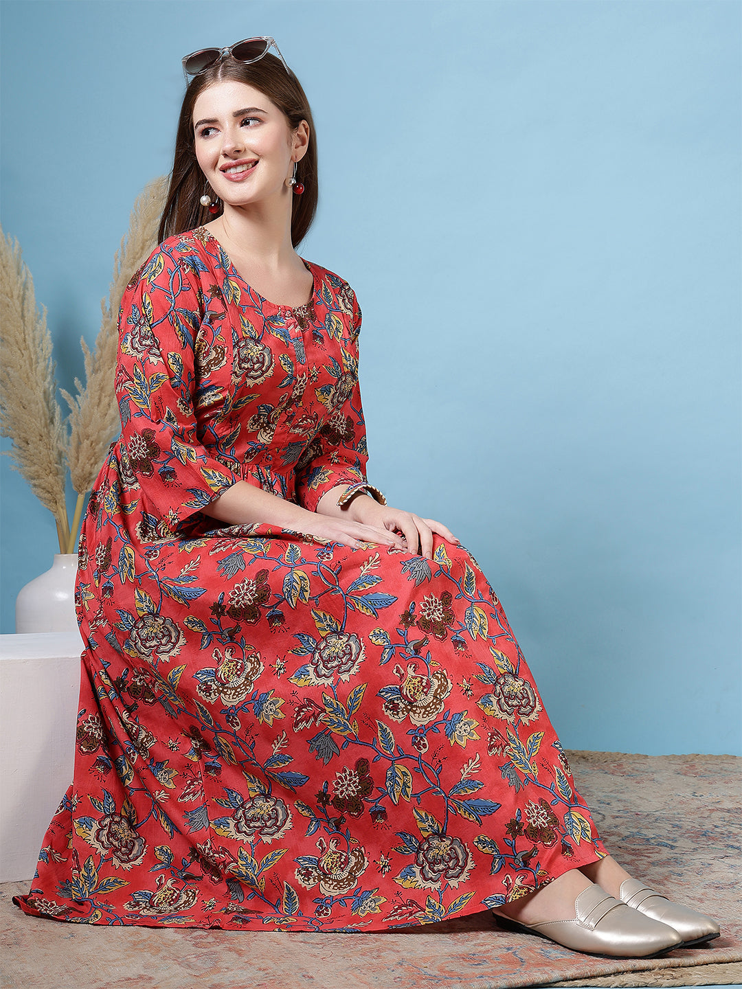 Maroon Floral Printed Flared Dress for Women