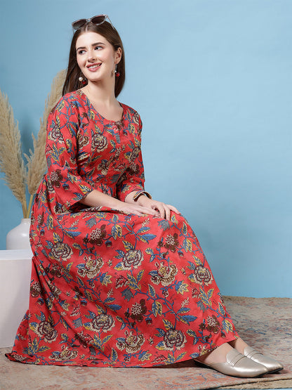 Maroon Floral Printed Flared Dress for Women