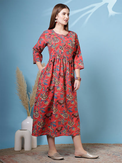 Maroon Floral Printed Flared Dress for Women