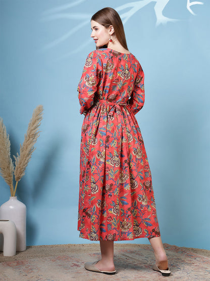 Maroon Floral Printed Flared Dress for Women