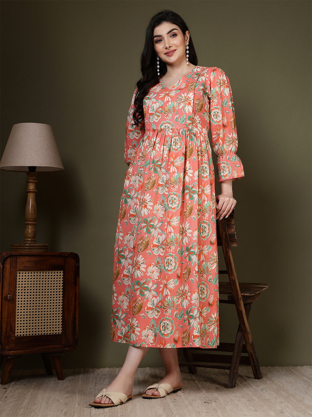 Peach Floral Printed Dress for Women