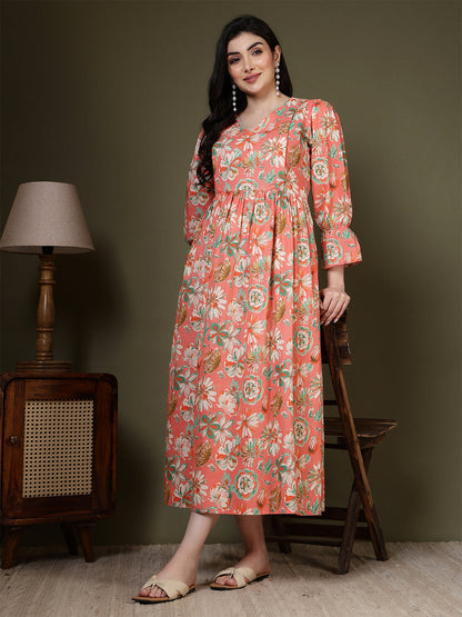 Peach Floral Printed Dress for Women
