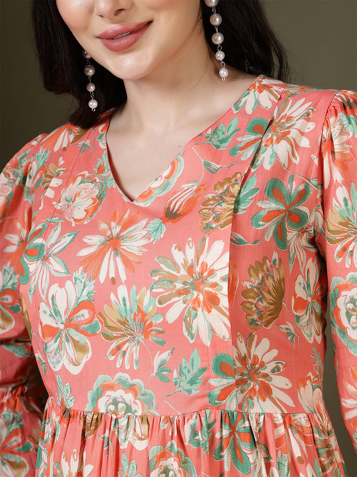 Peach Floral Printed Dress for Women