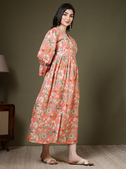 Peach Floral Printed Dress for Women