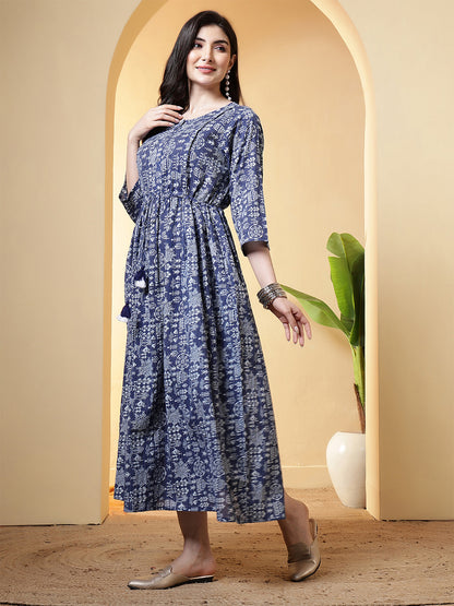 Blue Printed Dress for Women
