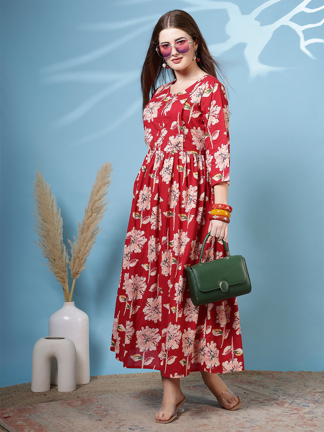 Red Floral Printed Dress for Women