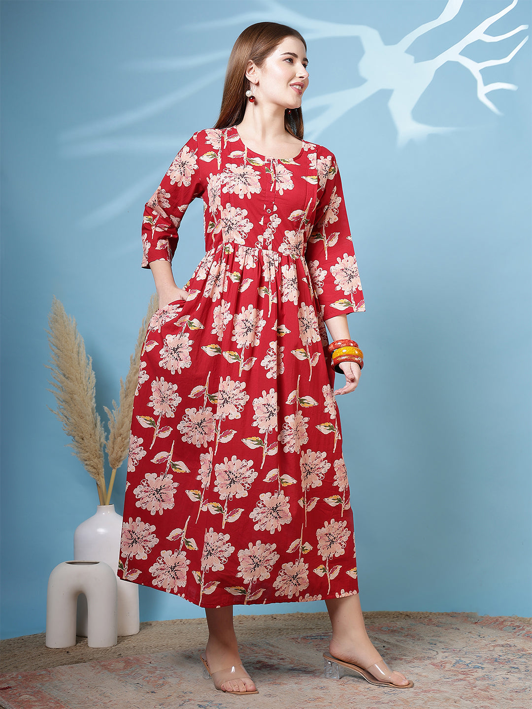 Red Floral Printed Dress for Women