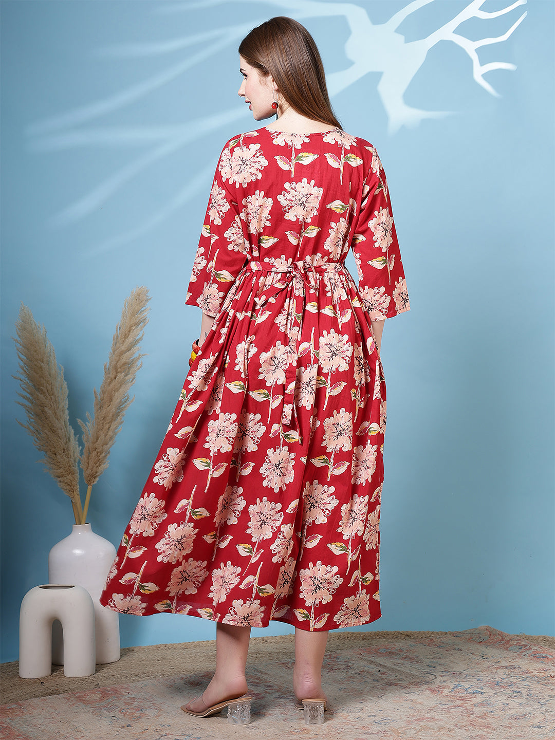 Red Floral Printed Dress for Women