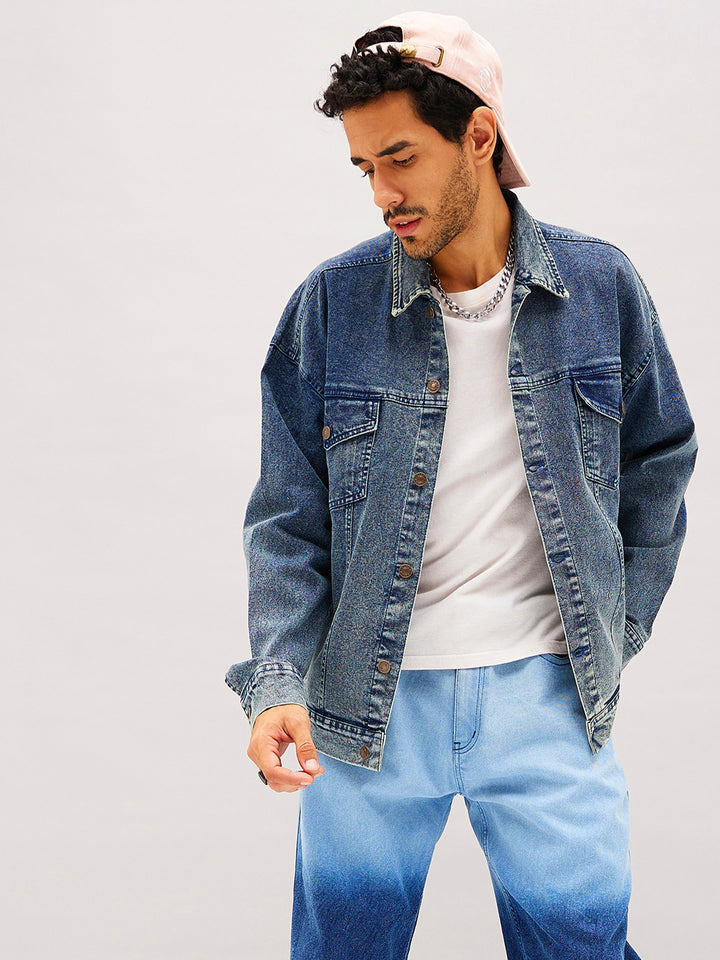 Men Blue Washed Relax Fit Denim Jacket