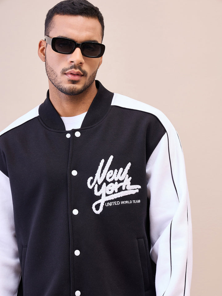 Men Black &amp; White New York Embroidery Varsity Jacket