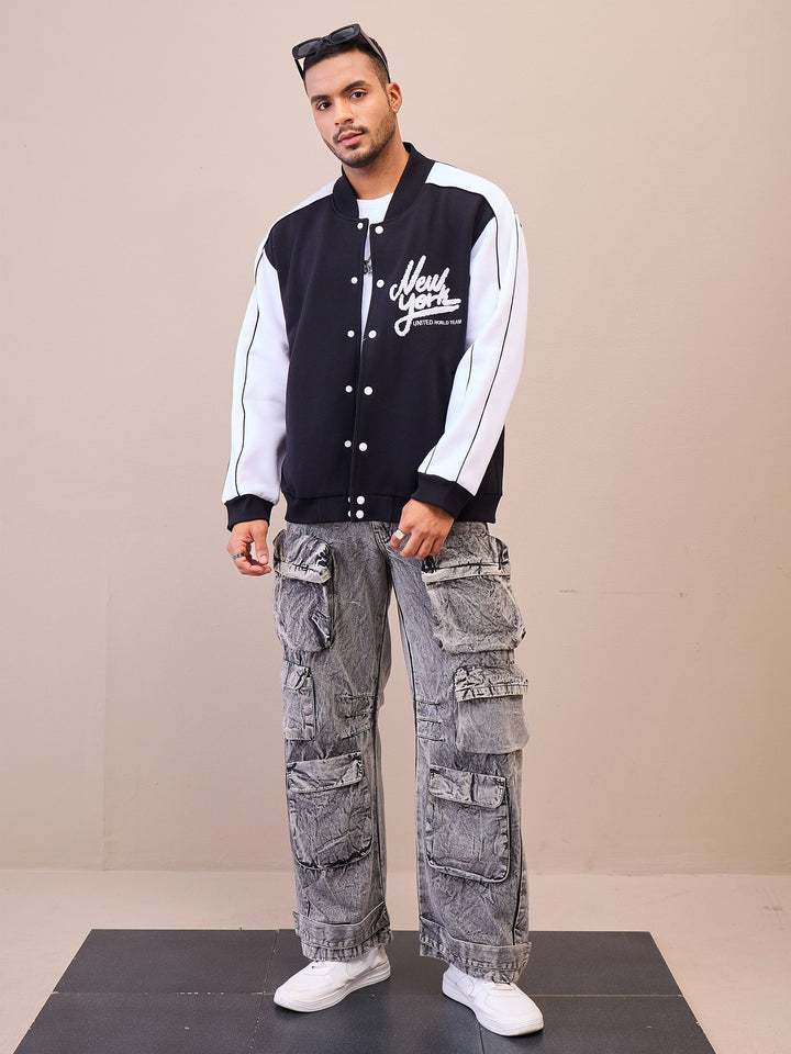 Men Black &amp; White New York Embroidery Varsity Jacket