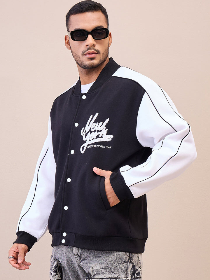 Men Black &amp; White New York Embroidery Varsity Jacket