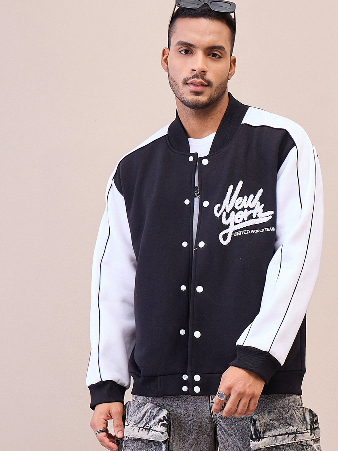 Men Black &amp; White New York Embroidery Varsity Jacket