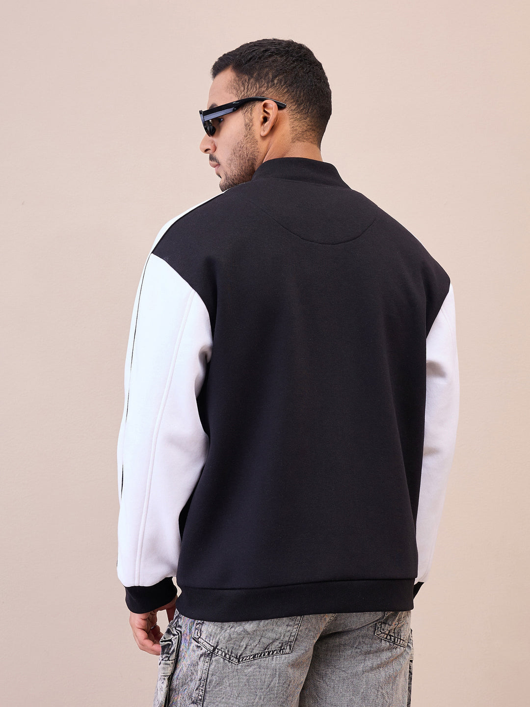 Men Black &amp; White New York Embroidery Varsity Jacket