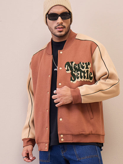 Men Brown & Beige Never Settle Embroidery Varsity Jacket