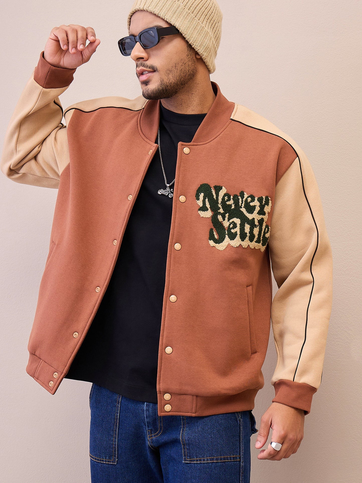 Men Brown & Beige Never Settle Embroidery Varsity Jacket