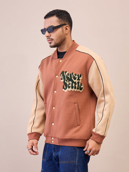 Men Brown & Beige Never Settle Embroidery Varsity Jacket