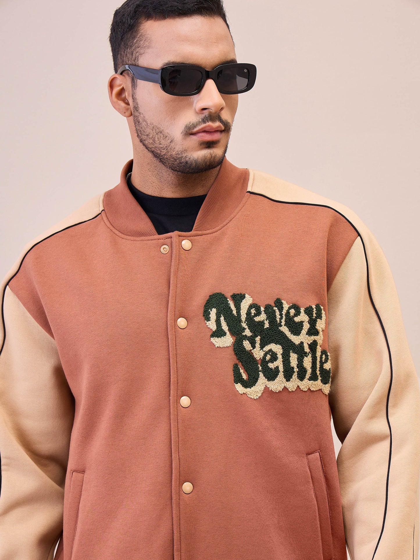 Men Brown & Beige Never Settle Embroidery Varsity Jacket