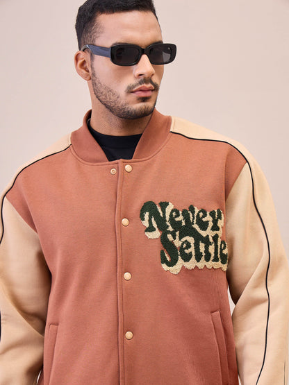 Men Brown & Beige Never Settle Embroidery Varsity Jacket