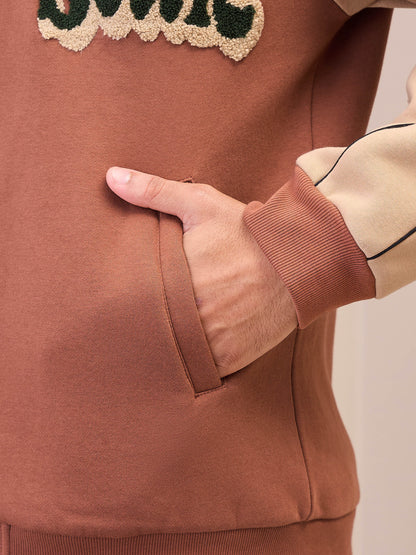 Men Brown & Beige Never Settle Embroidery Varsity Jacket