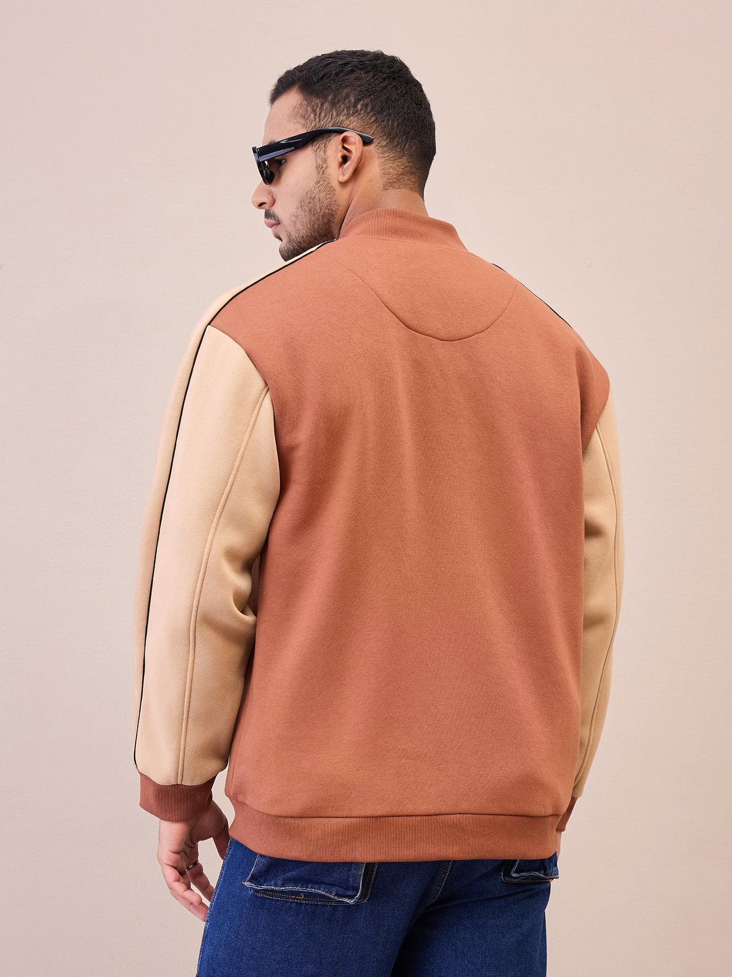 Men Brown & Beige Never Settle Embroidery Varsity Jacket