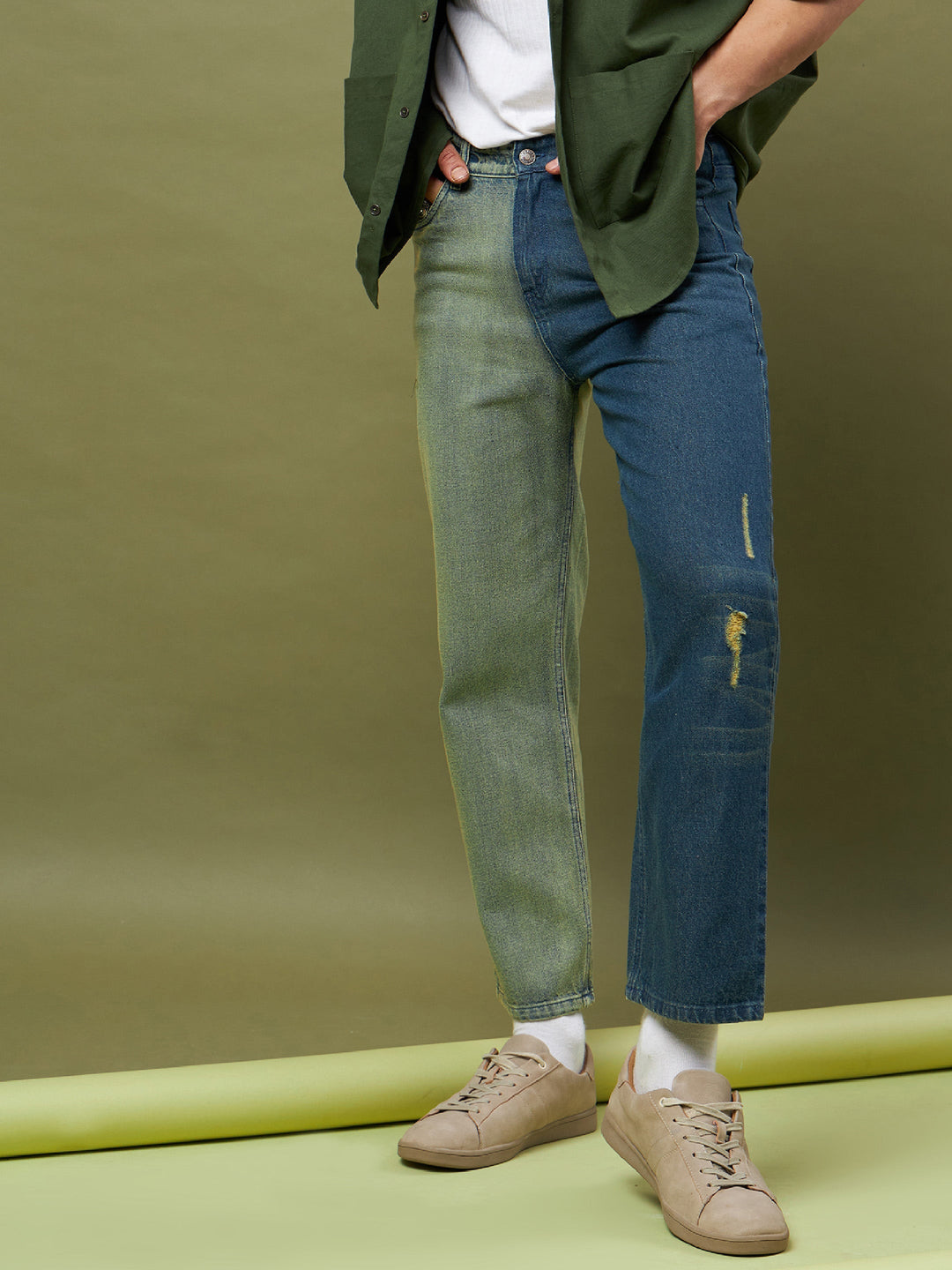 Men Blue &amp; Olive Colo Block Relax Fit Jeans