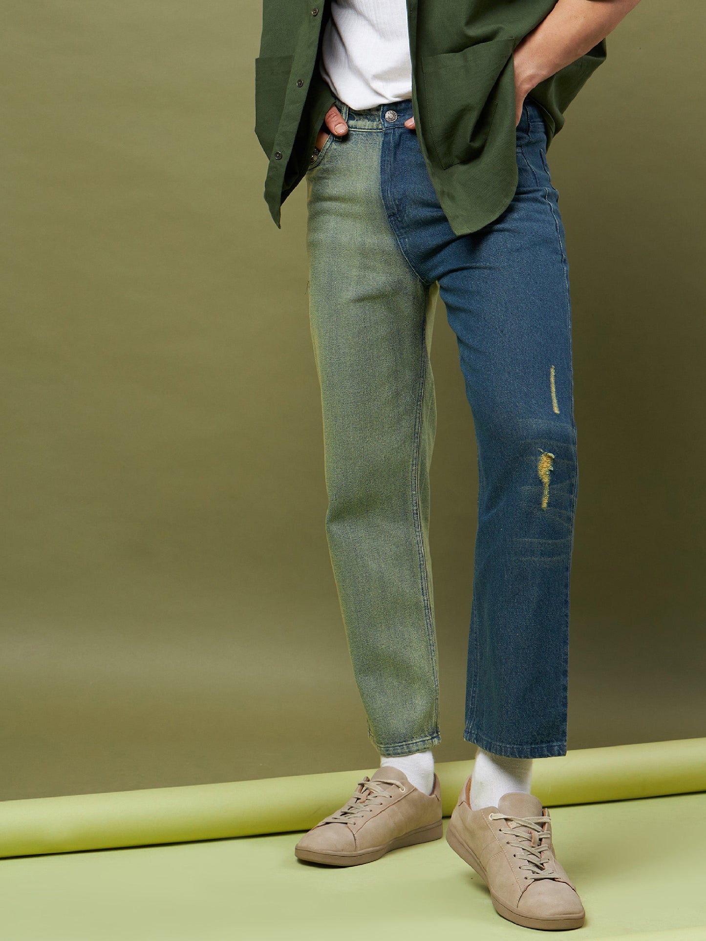 Men Blue & Olive Colo Block Relax Fit Jeans