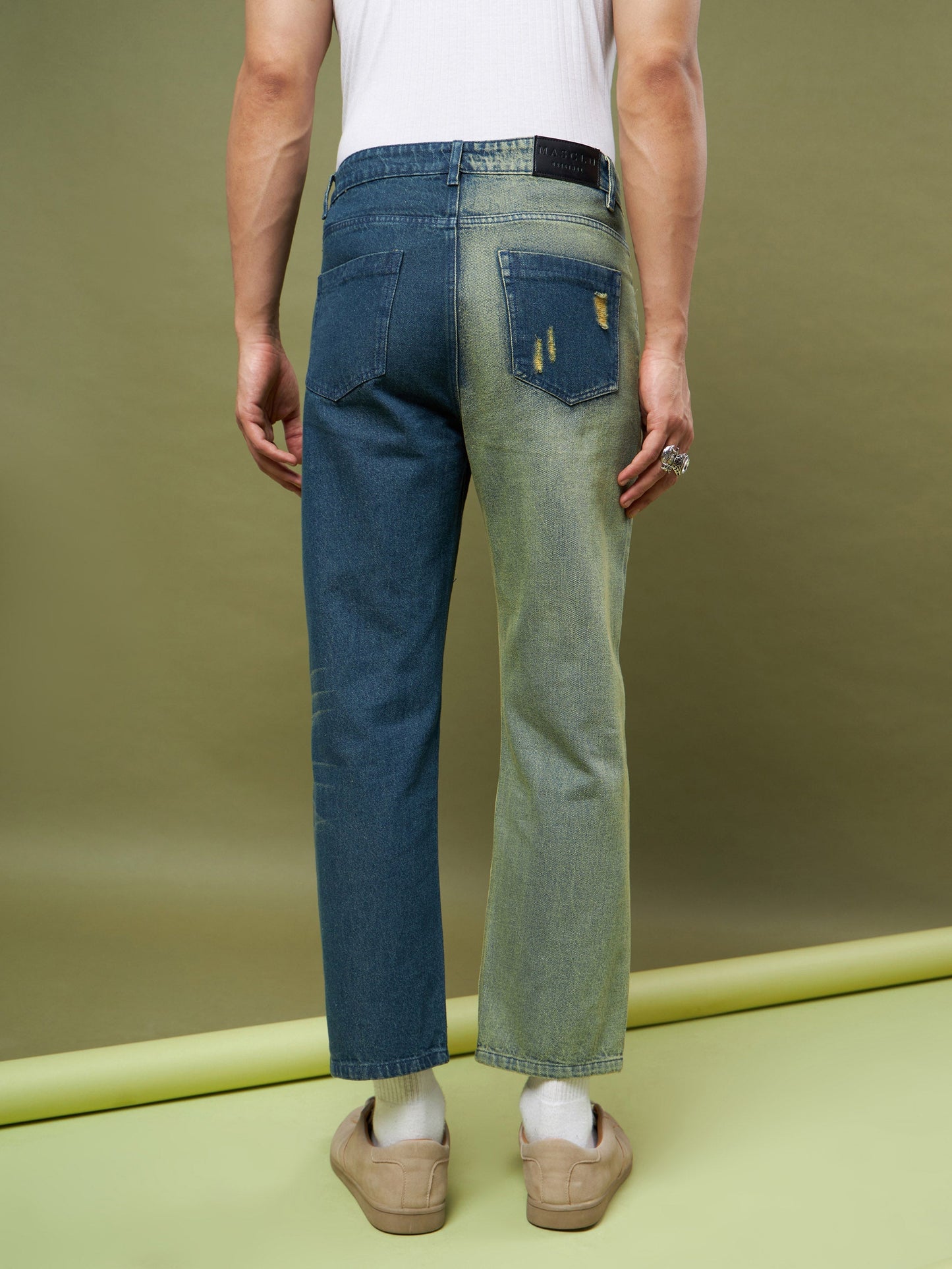 Men Blue & Olive Colo Block Relax Fit Jeans