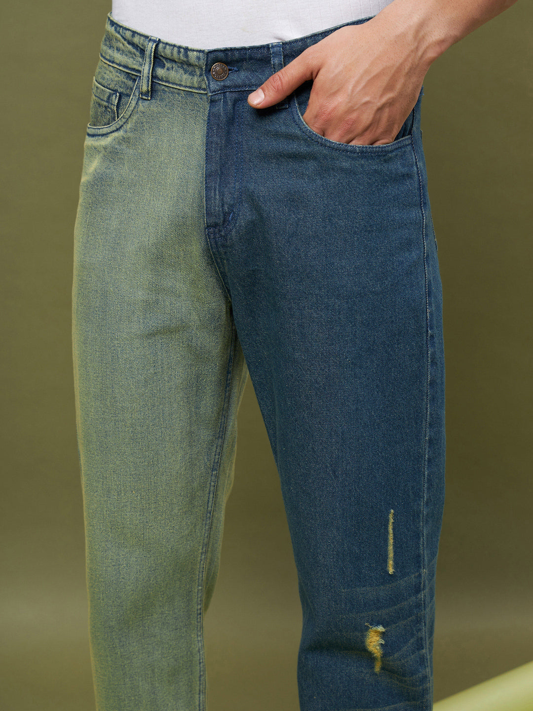 Men Blue &amp; Olive Colo Block Relax Fit Jeans