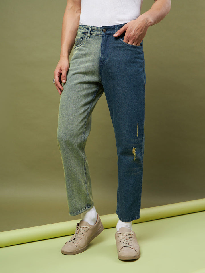 Men Blue &amp; Olive Colo Block Relax Fit Jeans
