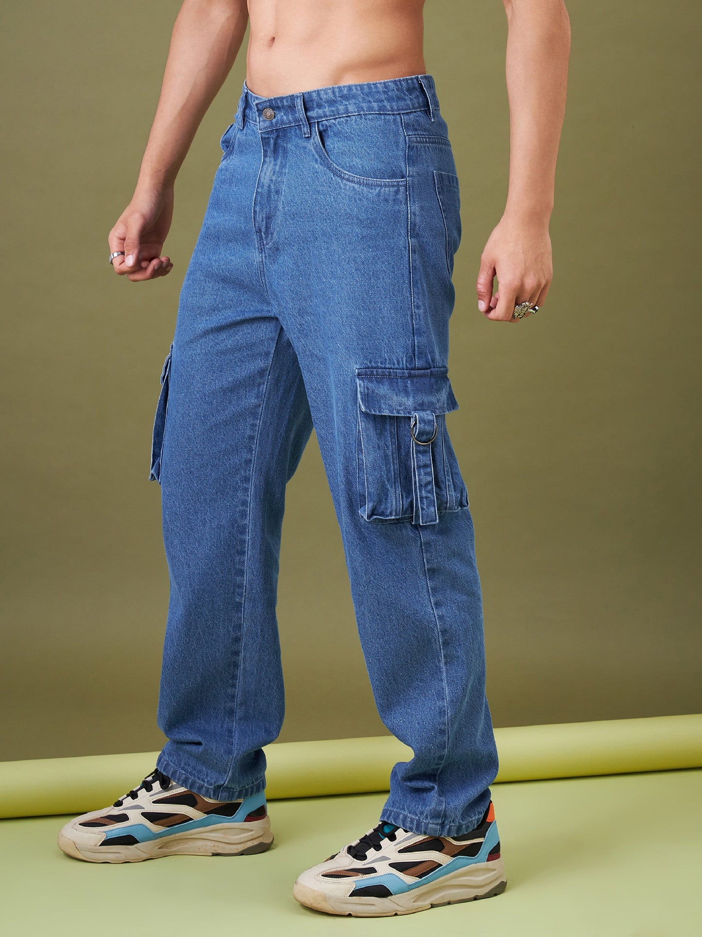 Men Ice Blue Box Pocket Relax Fit Jeans