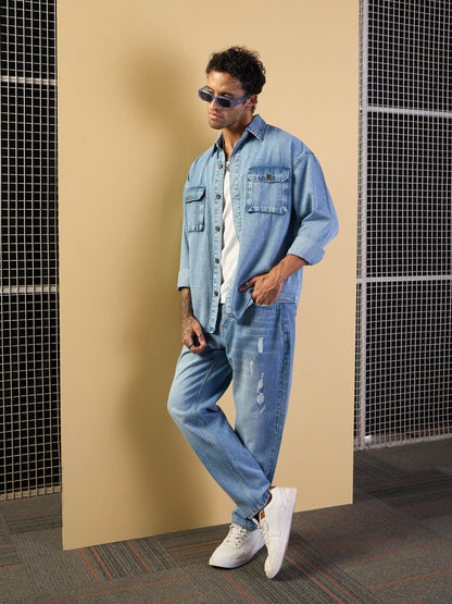 Men Blue Washed Distressed Relax Fit Jeans