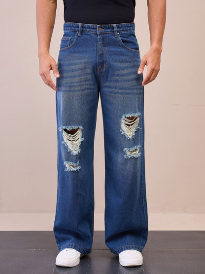 Men Blue Washed Front Distressed Wide Leg Jeans