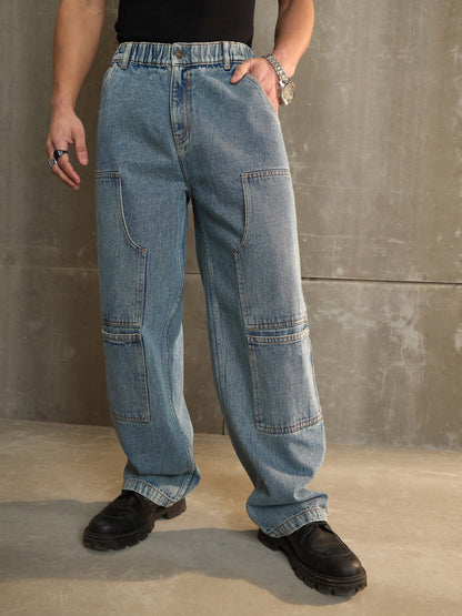 Men Blue Washed Wide Leg Carpenter Jeans