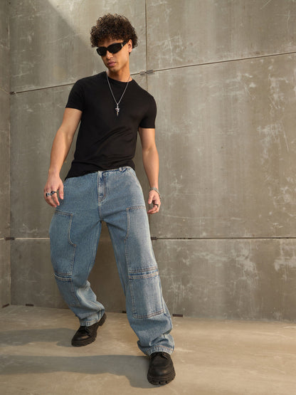 Men Blue Washed Wide Leg Carpenter Jeans