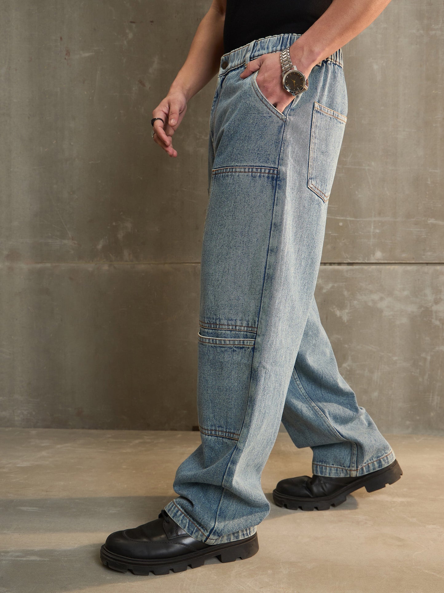 Men Blue Washed Wide Leg Carpenter Jeans
