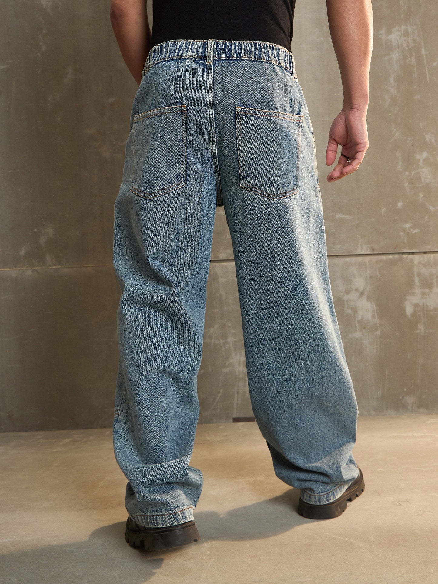 Men Blue Washed Wide Leg Carpenter Jeans