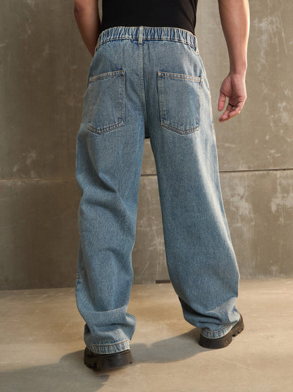 Men Blue Washed Wide Leg Carpenter Jeans