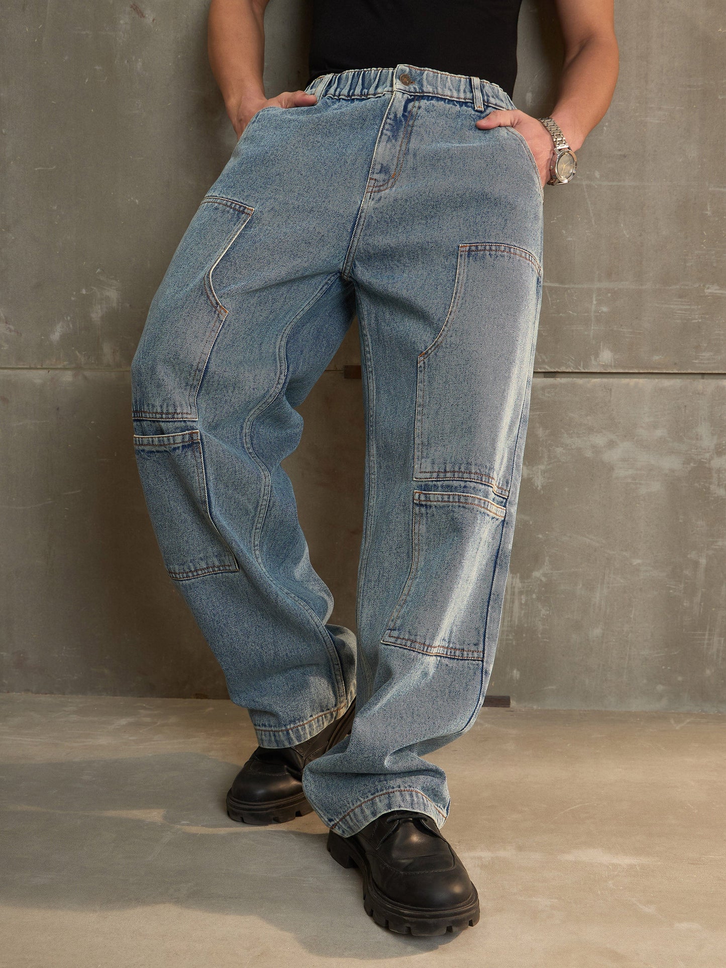 Men Blue Washed Wide Leg Carpenter Jeans