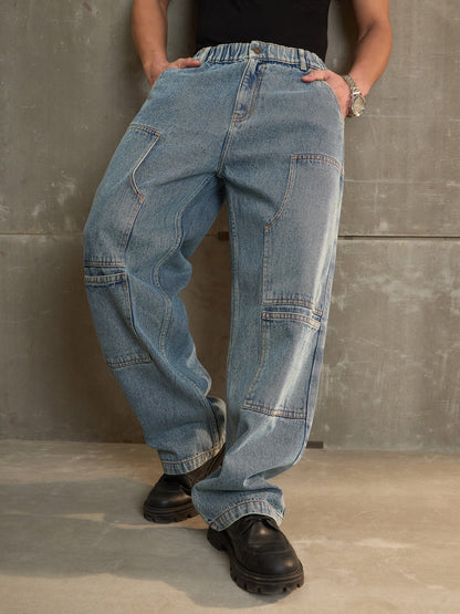 Men Blue Washed Wide Leg Carpenter Jeans