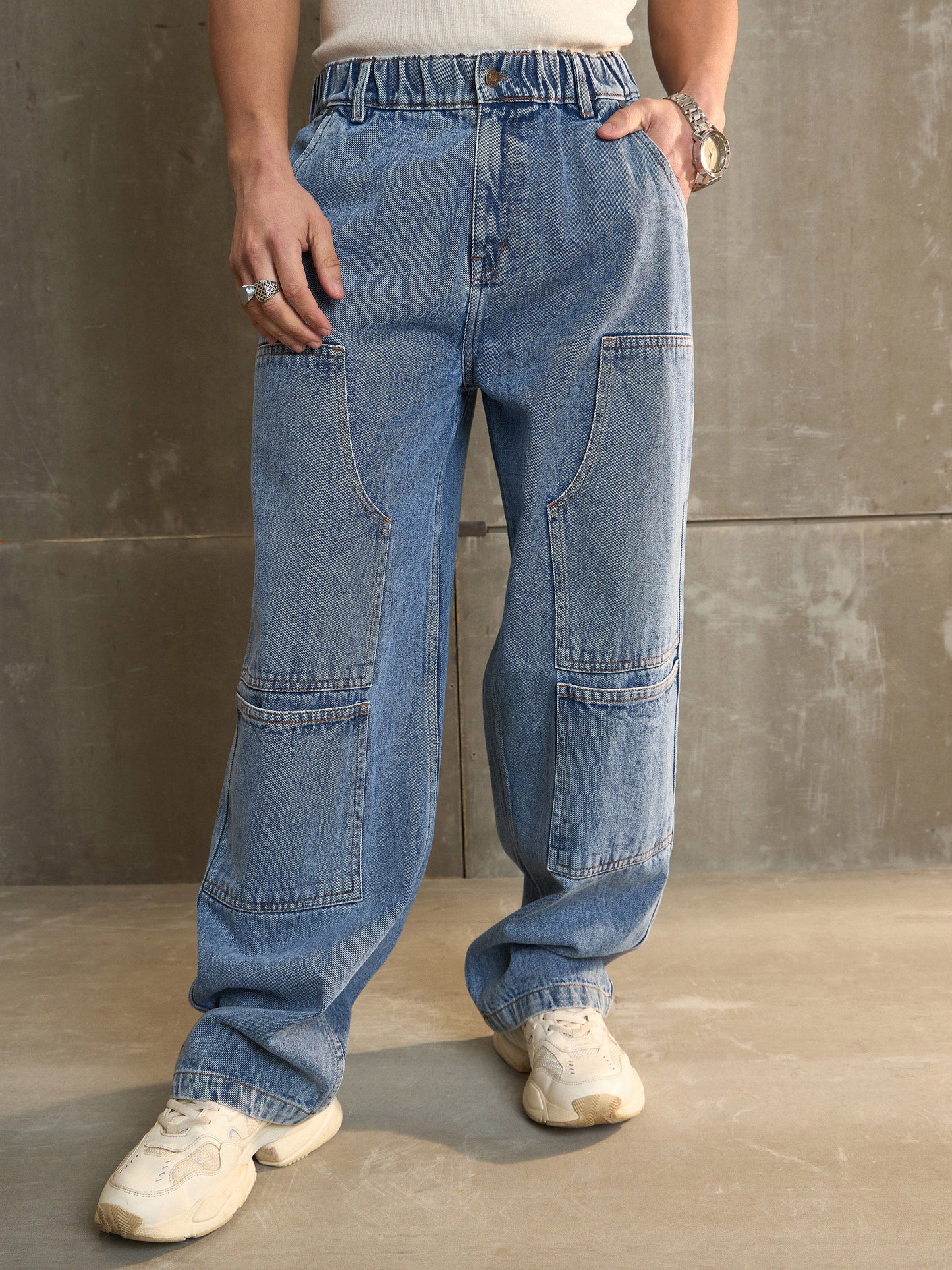 Men Navy Washed Wide Leg Carpenter Jeans