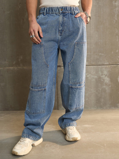 Men Navy Washed Wide Leg Carpenter Jeans